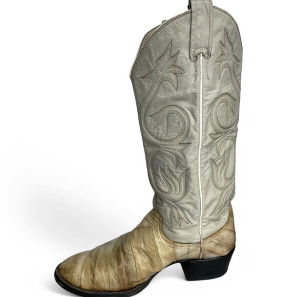 Larry Mahan Leather Ivory Western Biker Cowboy Boots Men's 8.5 D Vintage - Picture 4 of 13
